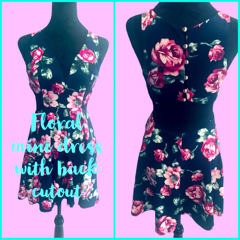 Floral Print Mini Dress with Cut Out Lower Back by Trace.